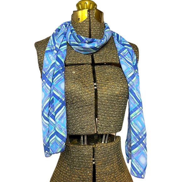 Unknown Accessories - Blue Fashion Plaid Scarf 62" Lightweight Rectangle